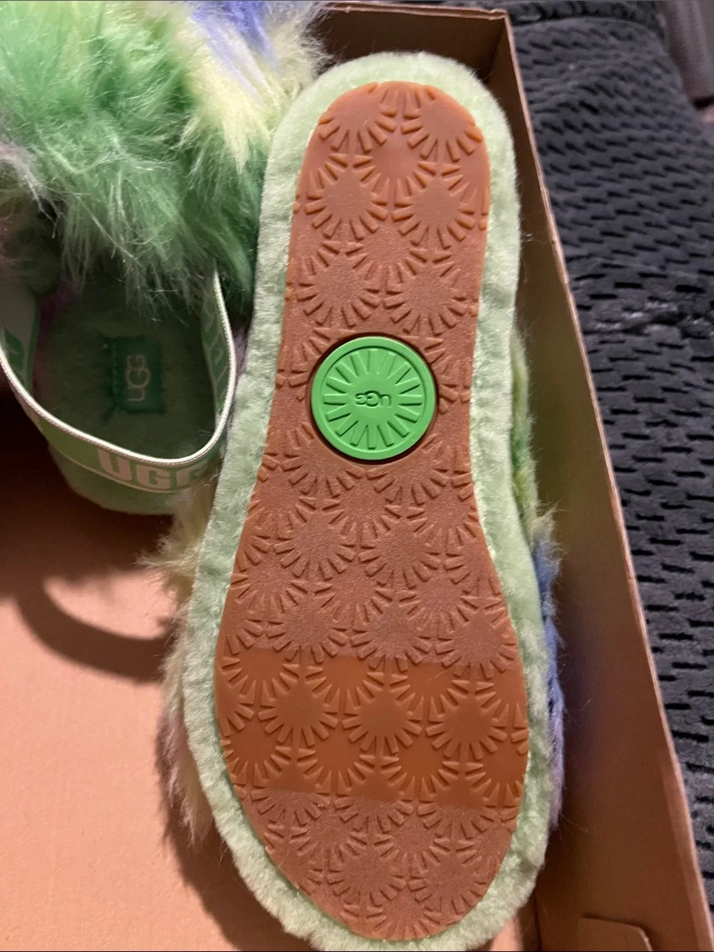 UGG Kids Pastel Multicolor Fluff Slippers with Green Footbed